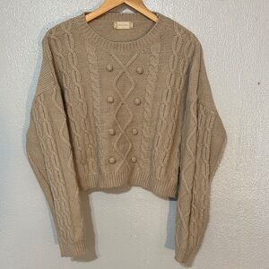 Altar'd State Beige Cropped Cable Knit Chunky Bobble Sweater Cozy Preppy Pom M